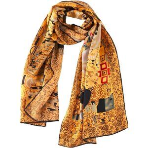 🆕Women Gold Charmeuse Satin Silk Scarf Classic Art Adele Bloch-Bauer by Klimt